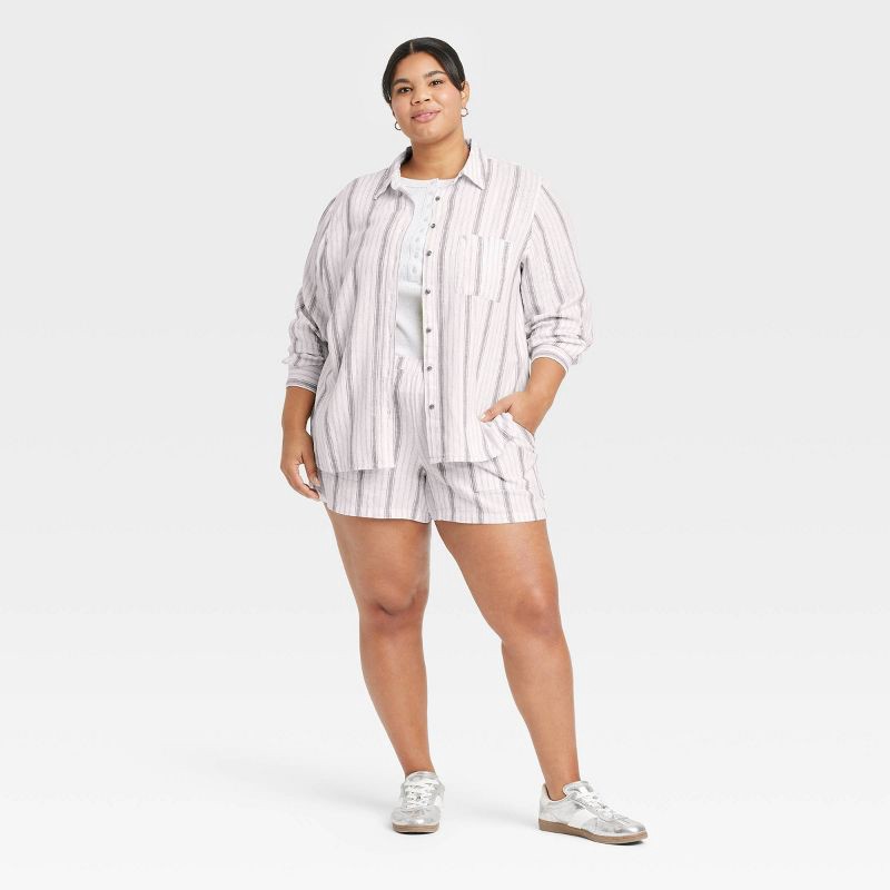 slide 3 of 3, Women's Long Sleeve Collared Linen Button-Down Shirt - Universal Thread™ Gray/White Striped XXL: Relaxed Fit, Midweight, Woven, 1 ct