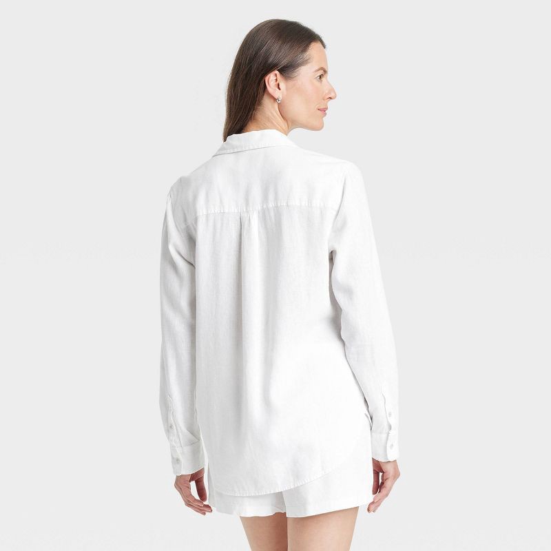 slide 3 of 3, Women's Long Sleeve Collared Linen Button-Down Shirt - Universal Thread™ White XS: Relaxed Fit, Midweight Fabric, 1 ct