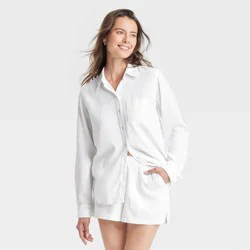 Women's Long Sleeve Collared Linen Button-Down Shirt - Universal Thread™ White L: Relaxed Fit, Midweight, Woven