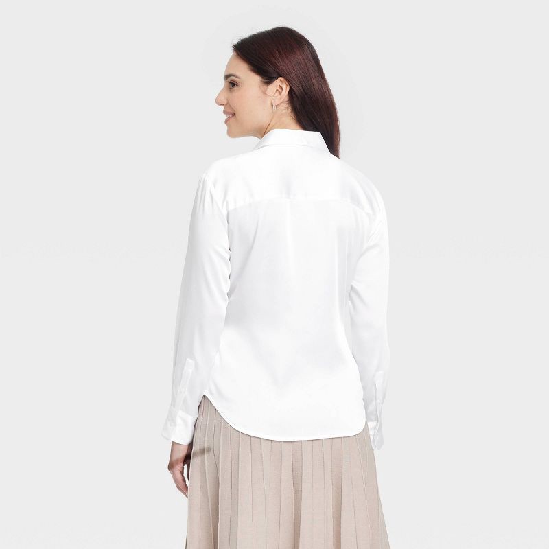 slide 2 of 3, Women's Long Sleeve Collared Satin Button-Down Shirt - A New Day™ White XS: Relaxed Fit, Lightweight, Machine Washable, 1 ct