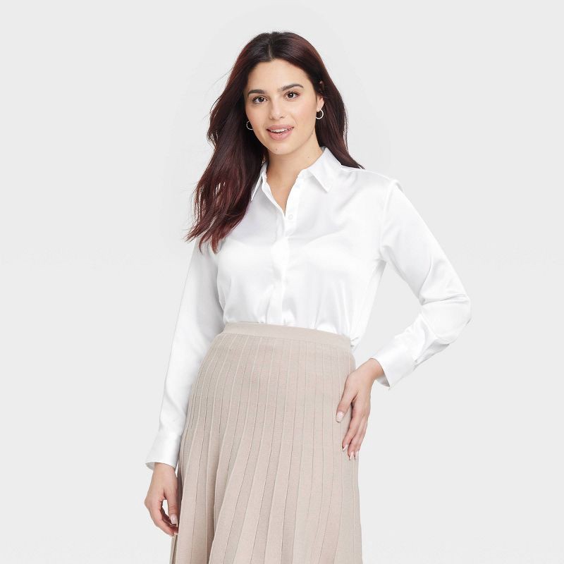 slide 1 of 3, Women's Long Sleeve Collared Satin Button-Down Shirt - A New Day™ White XS: Relaxed Fit, Lightweight, Machine Washable, 1 ct