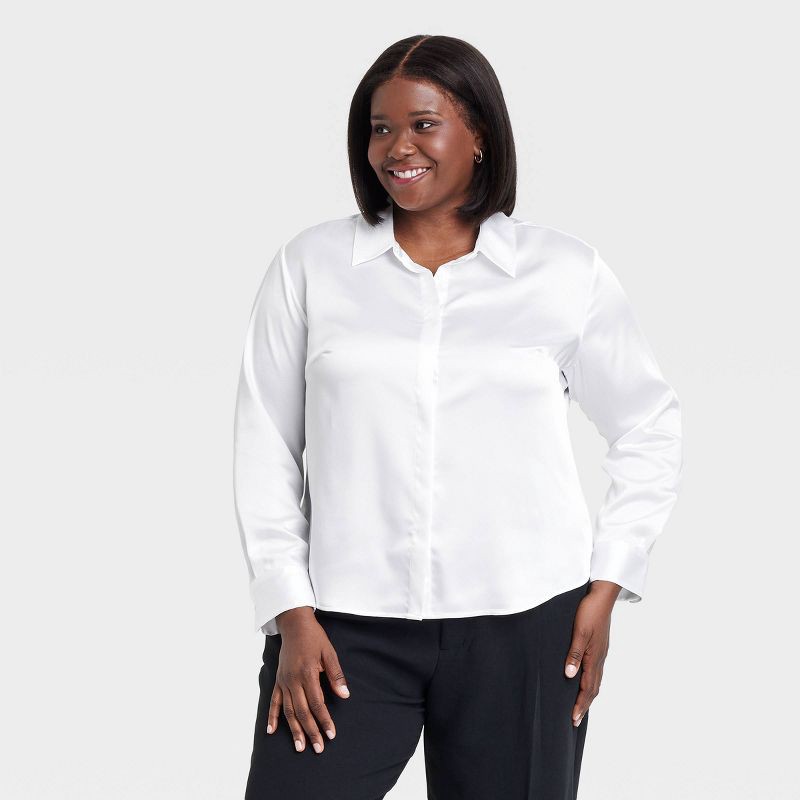 slide 1 of 3, Women's Long Sleeve Collared Satin Button-Down Shirt - A New Day™ White XXL: Relaxed Fit, Lightweight, Below Waist, 1 ct
