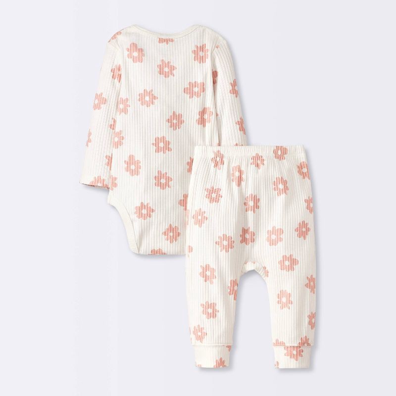 slide 2 of 4, Baby 2pc Floral Wide Ribbed Top & Bottom Set - Cloud Island™ Cream 0-3M: Cotton, Crotch Snap, Elastic Waistband, 2 ct