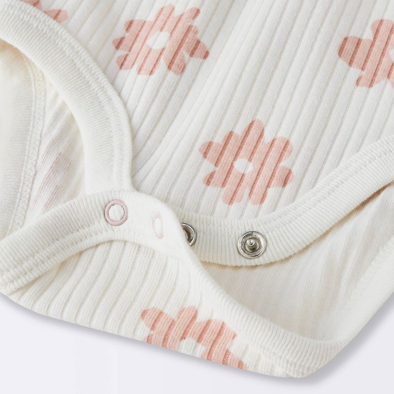 slide 4 of 4, Baby 2pc Floral Wide Ribbed Top & Bottom Set - Cloud Island™ Cream 0-3M: Cotton, Crotch Snap, Elastic Waistband, 2 ct