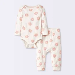 Baby 2pc Floral Wide Ribbed Top & Bottom Set - Cloud Island™ Cream 3-6M: Cotton Botanical Infant Outfit