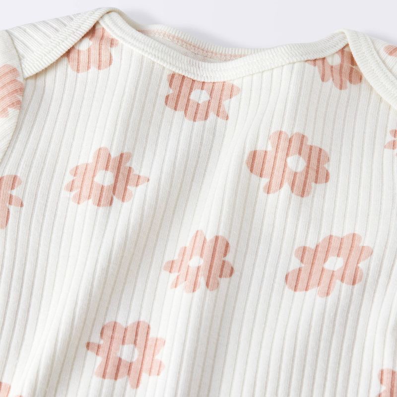 slide 3 of 4, Baby 2pc Floral Wide Ribbed Top & Bottom Set - Cloud Island™ Cream 6-9M: Cotton Bodysuit with Crotch Snap & Pull-On Pants, 2 ct