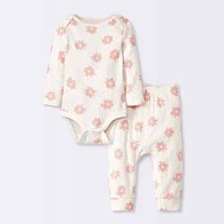 Baby 2pc Floral Wide Ribbed Top & Bottom Set - Cloud Island™ Cream 6-9M: Cotton Bodysuit with Crotch Snap & Pull-On Pants