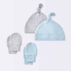 Baby Boys' Hat and Mitten Combo Bonnets - Cloud Island™ Blue 0-3M: 100% Cotton, Double-Layered, Knot Detail, Machine Washable