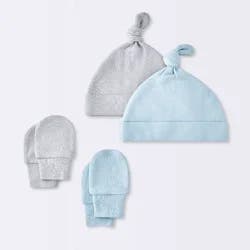 Baby Boys' Hat and Mitten Combo Bonnets - Cloud Island™ Blue 0-3M: 100% Cotton, Double-Layered, Knot Detail, Machine Washable