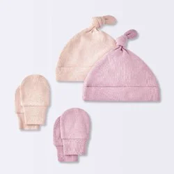 Baby Girls' Hat and Mitten Combo Bonnets - Cloud Island™ Pink 0-3M: Cotton, Double-Layered, Knot Detail, Machine Washable