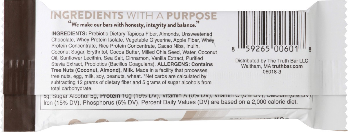 slide 9 of 9, Truth Bar Truth Chocolate Almond Crunch Prebiotic+Probiotic Bar, 1.76 oz