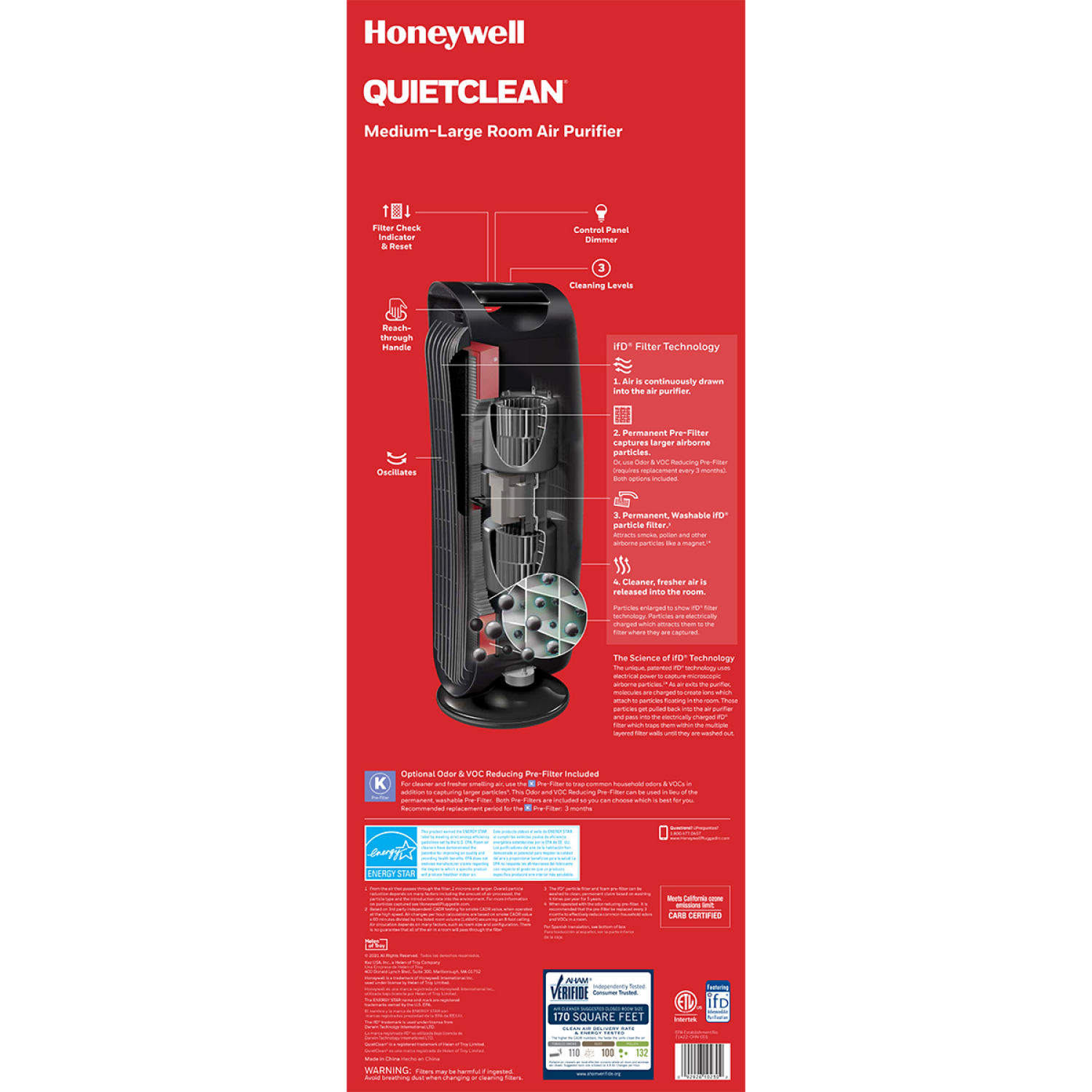 slide 4 of 8, Honeywell QuietClean Tower Air Purifier, 30 in, 30 in