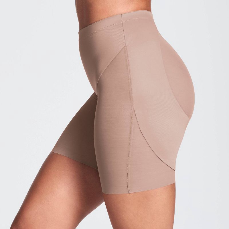 slide 4 of 5, ASSETS by SPANX Booty Lift Mid-Thigh Shapewear - Champagne L: Nylon, Medium Compression, Tummy Slimming, 1 ct