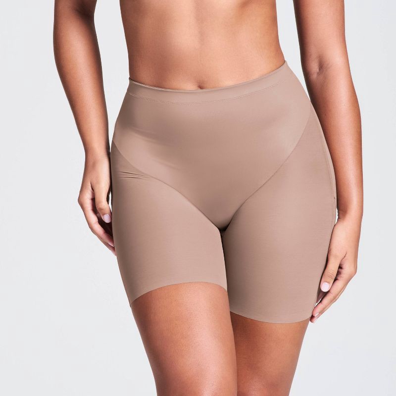 slide 3 of 5, ASSETS by SPANX Booty Lift Mid-Thigh Shapewear - Champagne 1X: Medium Compression, Bottom & Thigh Slimming, 1 ct