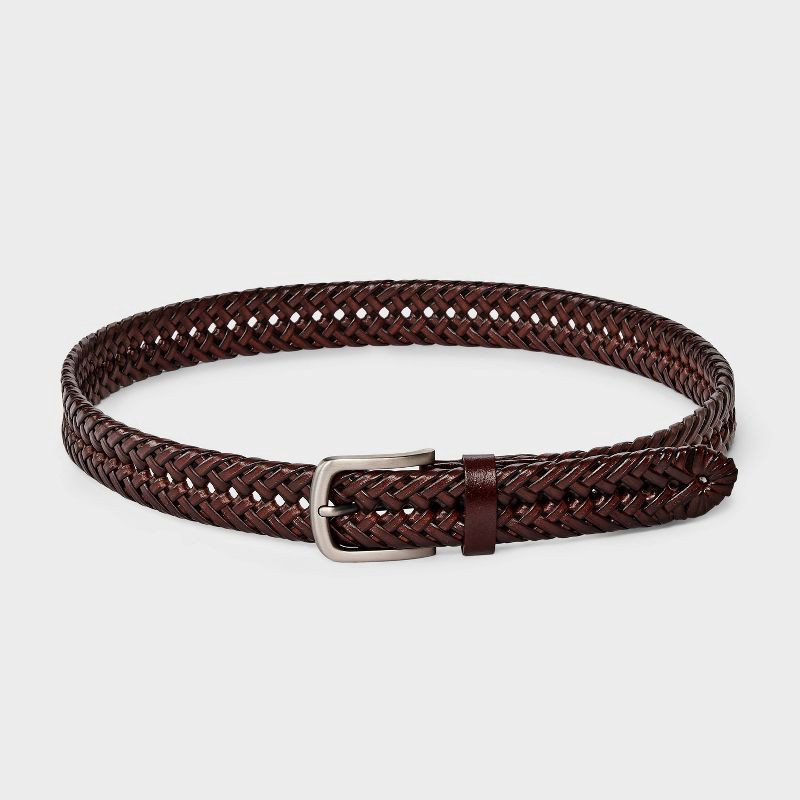 slide 2 of 3, Men's Leather Braided Fully Adjustable Belt - Goodfellow & Co™ Brown L: Bonded Leather, Buckle Closure, 1 ct