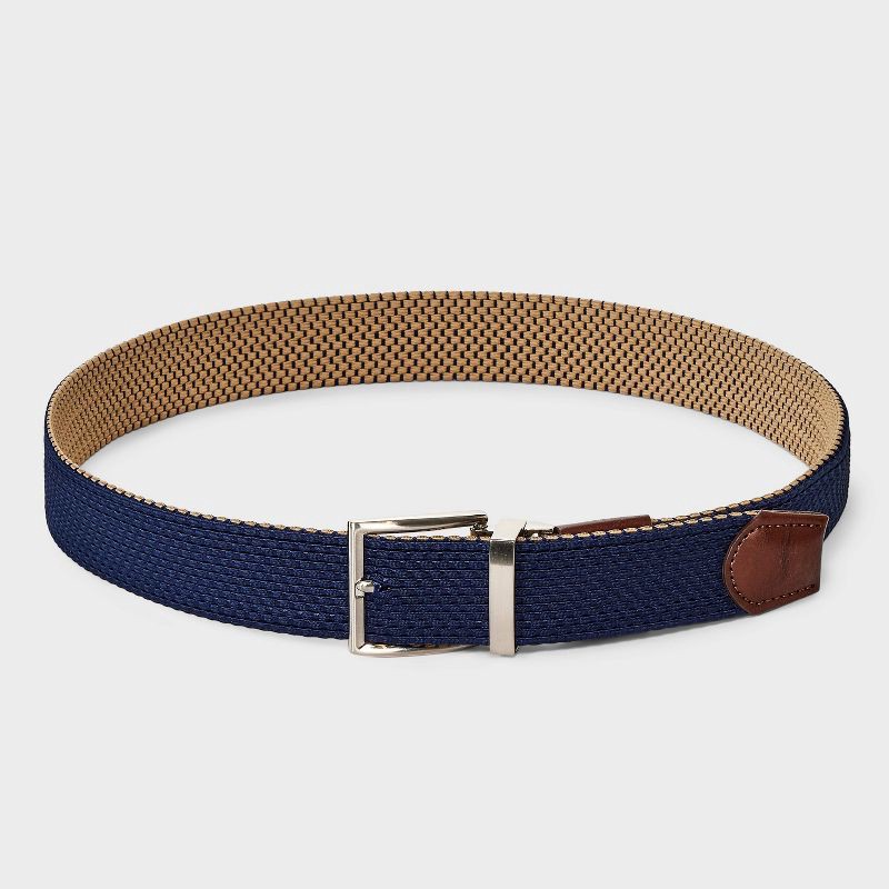 slide 2 of 4, Men's Two-in-One Reversible Fabric Web Belt - Goodfellow & Co™ Navy Blue M, 1 ct
