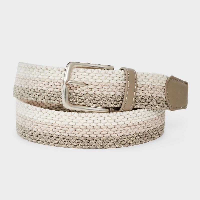 slide 1 of 3, Men's Stretch Tonal Striped Fully Adjustable Web Belt - Goodfellow & Co™ Khaki M, 1 ct