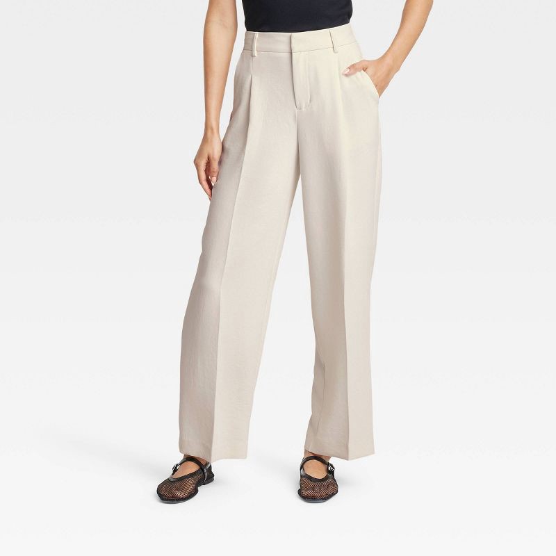 slide 1 of 3, Women's Signature Crepe Essential Trouser - A New Day™ Off-White 6: High Rise, Straight Leg, Back Elastic, Fly Hook Closure, 1 ct