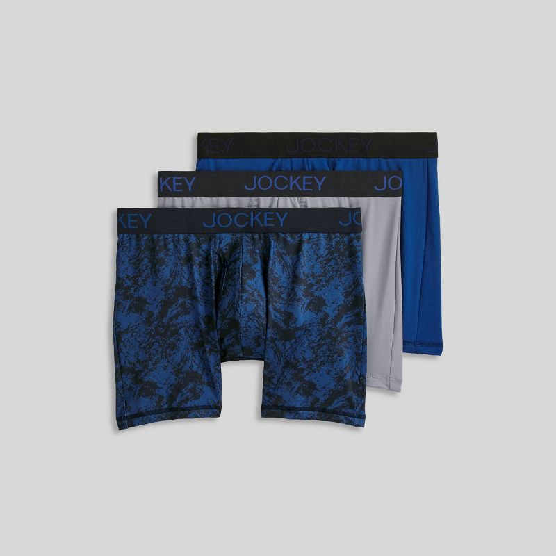 slide 3 of 6, Jockey Generation™ Men's 3pk Microfiber Boxer Briefs - Blue/Gray M: Lightweight Knit, Absorbent Panel, Mid Rise, Pull-On, 3 ct