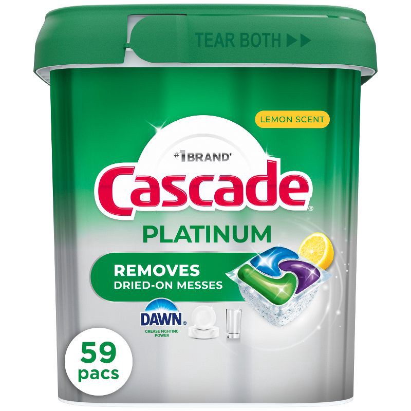 slide 1 of 11, Cascade Platinum Pods Dishwasher Detergent - Lemon - 59ct: Multi-Surface, Removes Finger Prints, Removes Grease, 59 ct