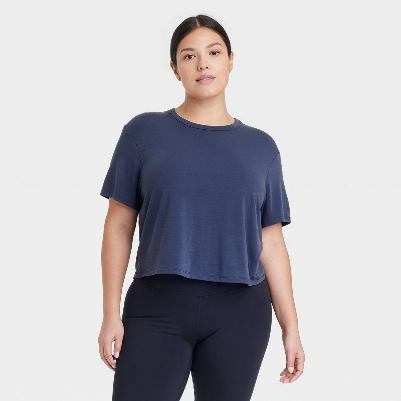 slide 3 of 5, Women's Beyond Ease Crew Neck Short Sleeve T-Shirt - All In Motion™ Navy Blue S: Moisture Wicking, Quick Drying, 1 ct