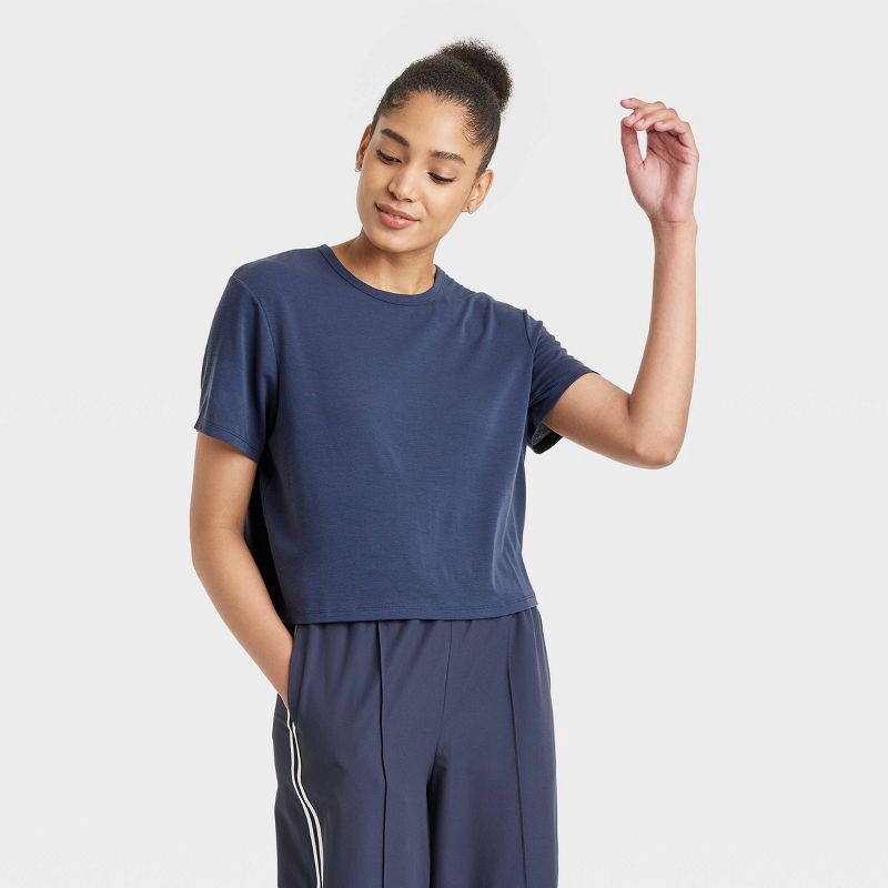 slide 1 of 5, Women's Beyond Ease Crew Neck Short Sleeve T-Shirt - All In Motion™ Navy Blue S: Moisture Wicking, Quick Drying, 1 ct