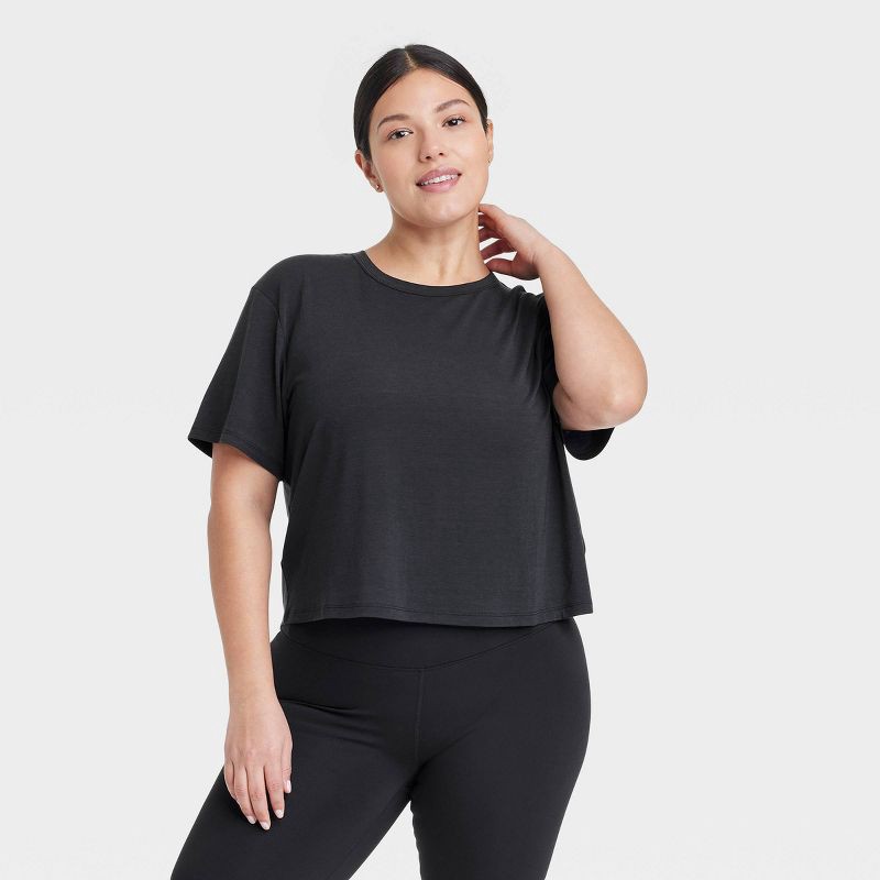 slide 3 of 5, Women's Crewneck Short Sleeve T-Shirt - All In Motion™ Black M: Moisture Wicking, Quick Dry, Loose Fit, 1 ct