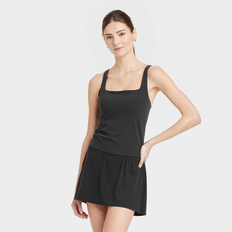 slide 1 of 5, Women's Everyday Soft Square Neck Support Tank Top - All In Motion™ Black S: Moisture Wicking, Built-in Shelf Bra, 1 ct