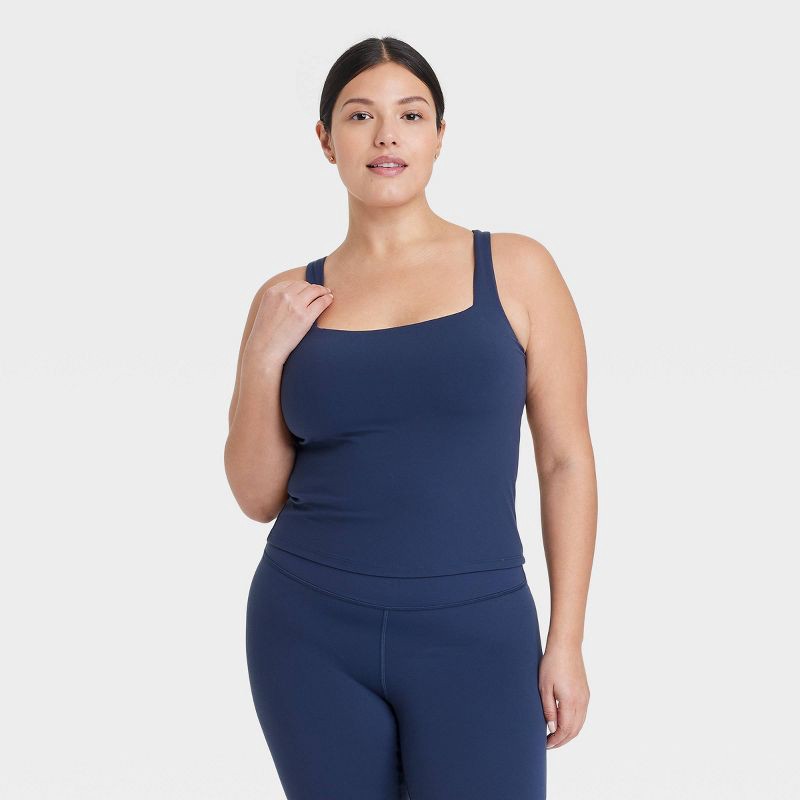slide 3 of 5, Women's Everyday Soft Squareneck Support Tank Top - All In Motion™ Navy Blue M: Moisture Wicking, Built-in Shelf Bra, 1 ct