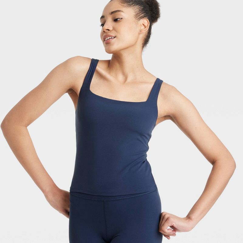 slide 5 of 5, Women's Everyday Soft Squareneck Support Tank Top - All In Motion™ Navy Blue M: Moisture Wicking, Built-in Shelf Bra, 1 ct