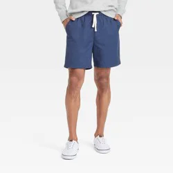 Men's 7" Pull-On Shorts - Goodfellow & Co™ Cornelian Blue L: Cotton Twill, Mid Rise, Drawstring Waist, Side & Back Pockets
