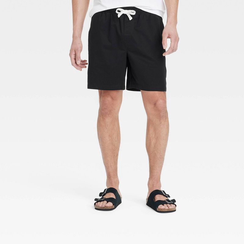 slide 1 of 3, Men's 7" Pull-On Shorts - Goodfellow & Co™ Black M: Cotton Twill, Drawstring Waist, Pockets, 1 ct