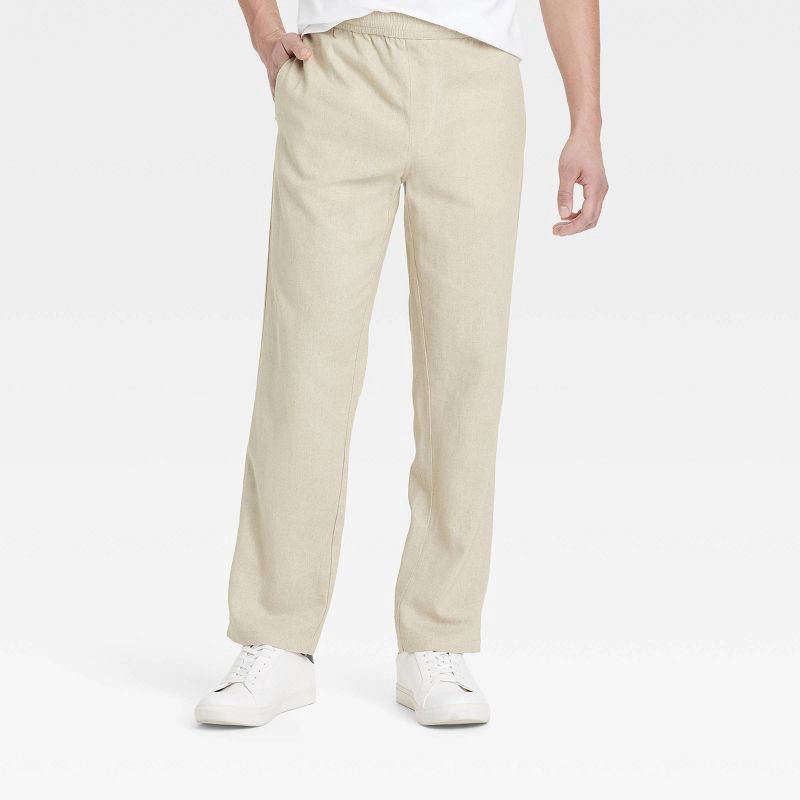 slide 1 of 3, Men's Linen Blend Pull-On Pants - Goodfellow & Co™ Cream S: Midweight Woven Fabric, Front & Back Pockets, Straight Leg, 1 ct
