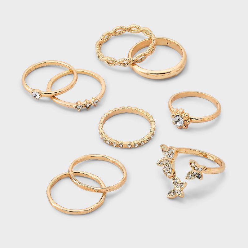 slide 1 of 3, Crystal Floating Butterfly Ring Set 8pc- Wild Fable™ Gold: Stacking Rings, Recycled Zinc, Sizes 6-8, 8 ct