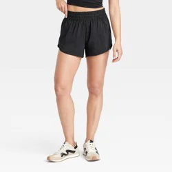 Women's Woven Mid-Rise Run Shorts 3" - All In Motion™ Black S: Lightweight, Adjustable Waistband, Quick Dry