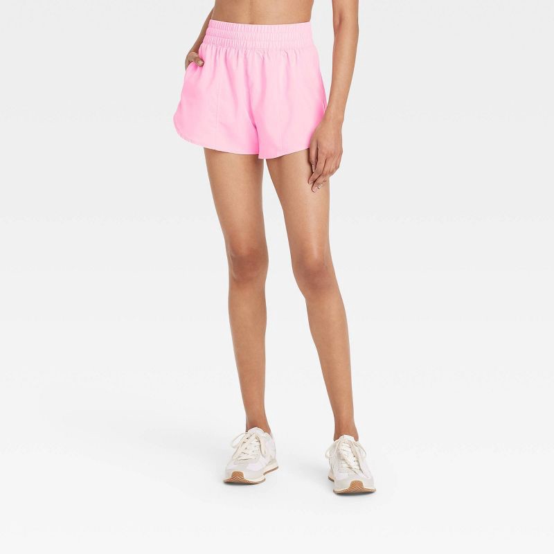 slide 1 of 5, Women's Woven Mid-Rise Run Shorts 3" - All In Motion™ Pink XXL: Lightweight, Moisture-Wicking, Quick-Dry, Adjustable Waistband, 1 ct