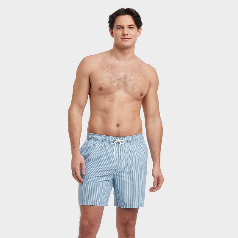 slide 3 of 4, Men's 7" Striped Seersucker Swim Trunks - Goodfellow & Co™ Blue XXL: Quick Dry, Mesh Liner, Elastic Waistband, Above Knee, 1 ct