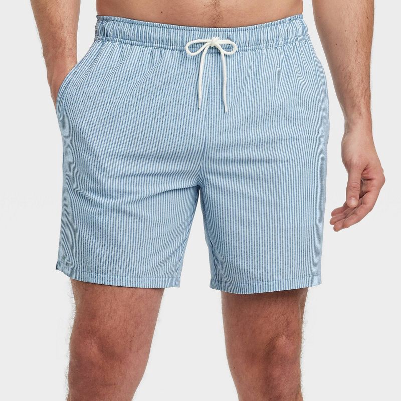slide 1 of 4, Men's 7" Striped Seersucker Swim Trunks - Goodfellow & Co™ Blue XXL: Quick Dry, Mesh Liner, Elastic Waistband, Above Knee, 1 ct