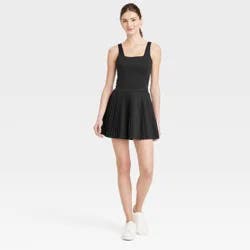 Women's Pleated Active Dress - All In Motion™ Black L: Moisture Wicking, Built-in Shorts, UPF 50+
