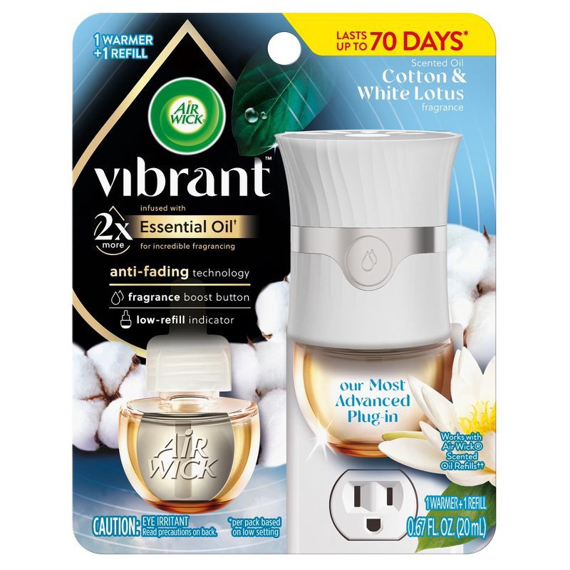 slide 2 of 8, Air Wick Vibrant Scented Oil Air Freshener Advanced 1 Warmer and 1 Refill Kit - Cotton & White Lotus - 0.67 fl oz/2ct, 2 ct; 0.67 fl oz