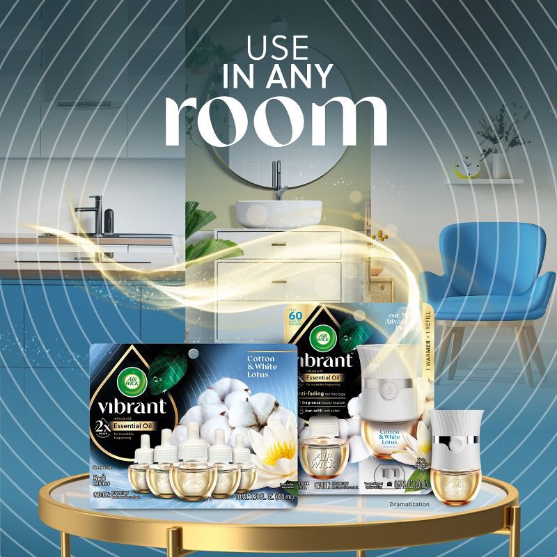 slide 6 of 6, Air Wick Vibrant Scented Oil Air Freshener Advanced Warmer and Refill Kit - Cotton & White Lotus - 0.67 fl oz/2ct, 2 ct; 0.67 fl oz