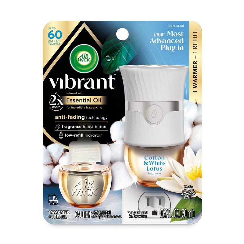 slide 1 of 6, Air Wick Vibrant Scented Oil Air Freshener Advanced Warmer and Refill Kit - Cotton & White Lotus - 0.67 fl oz/2ct, 2 ct; 0.67 fl oz