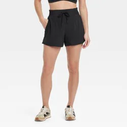 Women's Woven Mid-Rise Shorts 4" - All In Motion™ Black L: Lightweight, Moisture-Wicking, Quick-Dry, 4-Way Stretch, UPF 50+