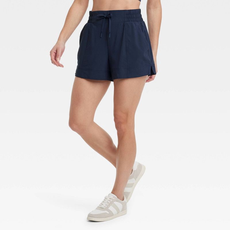 slide 1 of 5, Women's Woven Mid-Rise Shorts 4" - All In Motion™ Navy Blue L: Lightweight, Moisture Wicking, UPF 50+, 1 ct