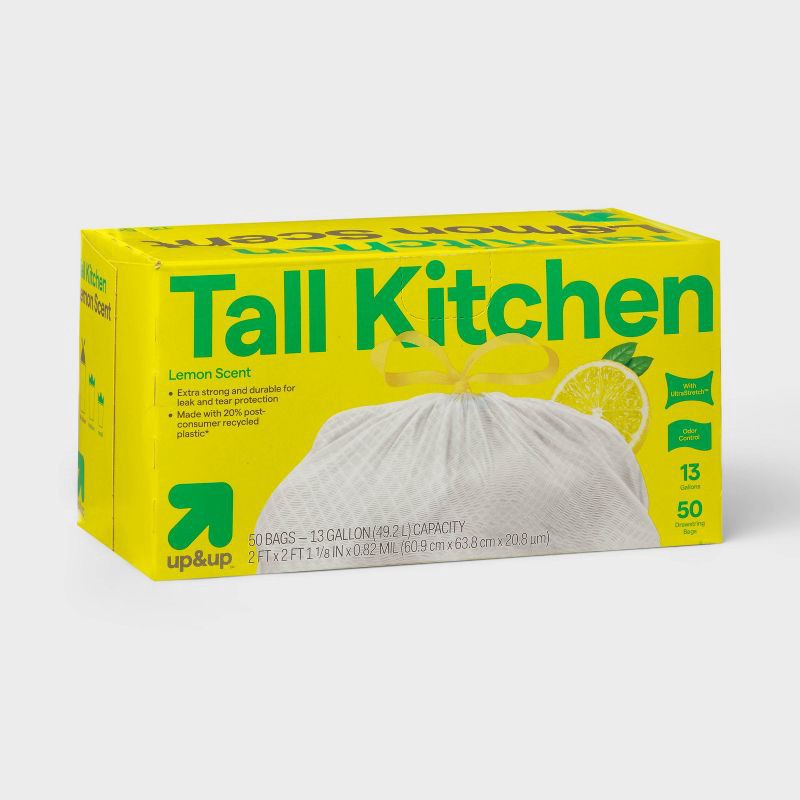 slide 3 of 3, UltraStretch Tall Kitchen Drawstring Trash Bags - Lemon Squeeze - 13gal/50ct - up&up™, 13 gal, 50 ct