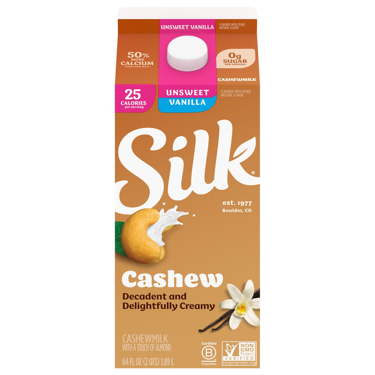 slide 1 of 5, Silk Dairy-Free Unsweet Vanilla Cashewmilk - 0.5gal, 64 fl oz