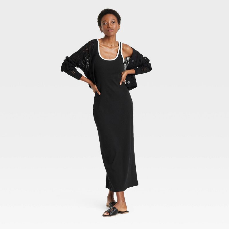 slide 3 of 3, Women's Knit Midi Tank Dress - A New Day™ Black/White L: Cotton Modal Blend, Sleeveless Pullover, 2x2 Rib Knit, Machine Washable, 1 ct