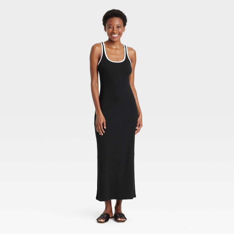 slide 1 of 3, Women's Knit Midi Tank Dress - A New Day™ Black/White L: Cotton Modal Blend, Sleeveless Pullover, 2x2 Rib Knit, Machine Washable, 1 ct