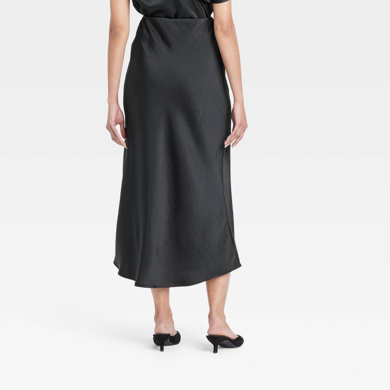 slide 2 of 3, Women's Midi A-Line Skirt - A New Day™ Black L: Satin, Slim Fit, Elastic Waistband, Pull-On, 36" Length, 1 ct