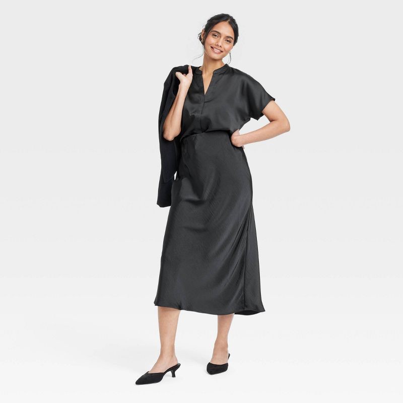 slide 3 of 3, Women's Midi A-Line Skirt - A New Day™ Black L: Satin, Slim Fit, Elastic Waistband, Pull-On, 36" Length, 1 ct
